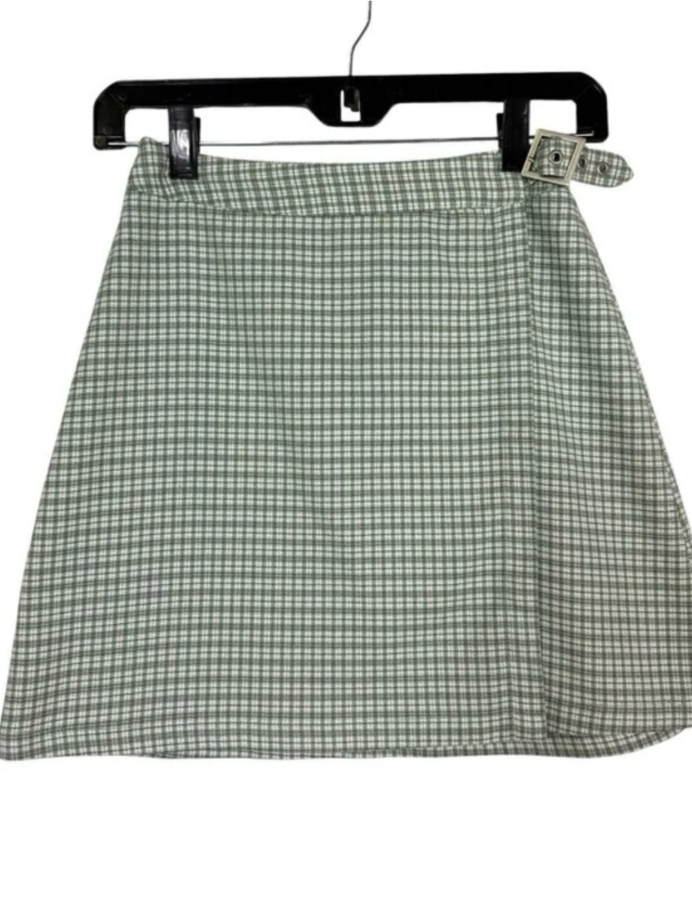 John Galt Sage Green Plaid Mini Skirt with Side Buckle Detail